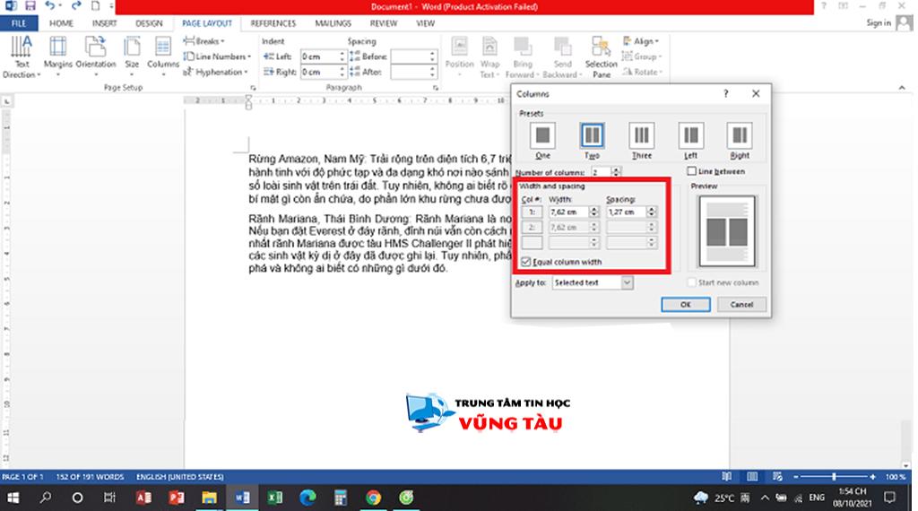 cách chỉnh khoảng cách các cột và kích thước cột