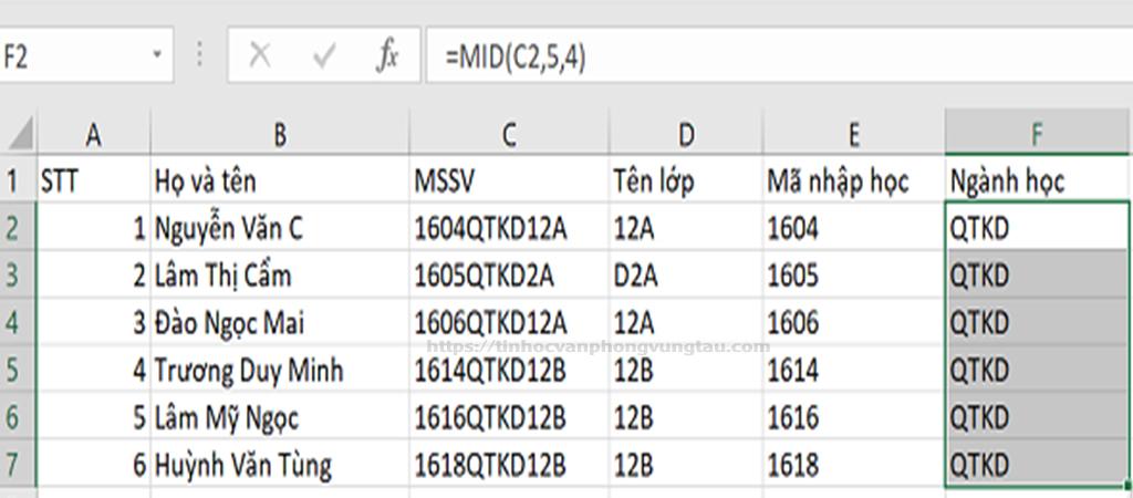 Cách sử dụng hàm Mid trong excel hiệu quả