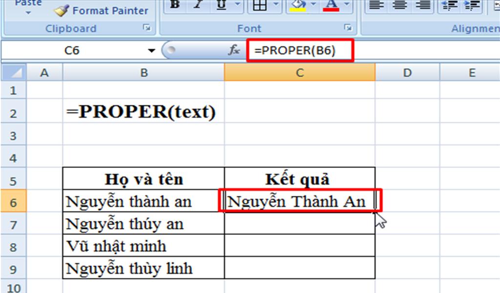 Hàm chuyển đổi kiểu chữ proper trong excel